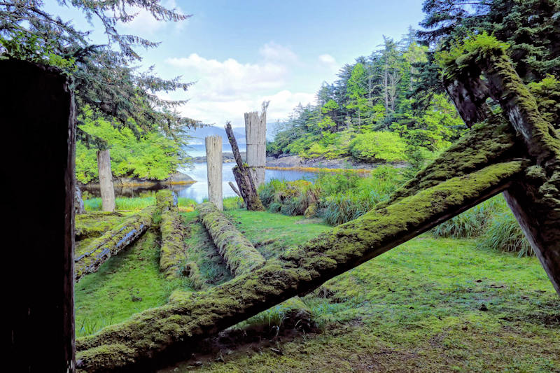 Totem poles and fallen down longhouses at Ninstints, Gwaii Haanas National Park Reserve, BC
